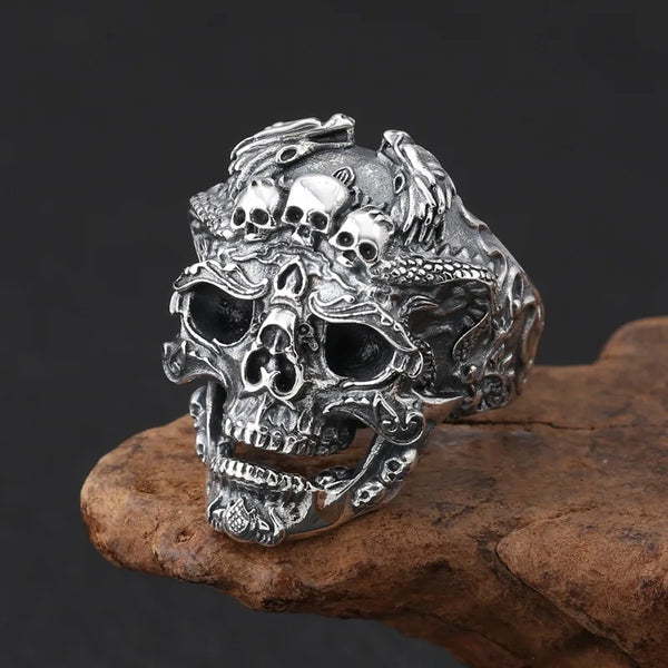 Gothic Metal Skull Head Ring with Dragons for Men Women Open and Adjustable