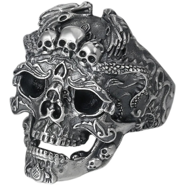 Gothic Metal Skull Head Ring with Dragons for Men Women Open and Adjustable