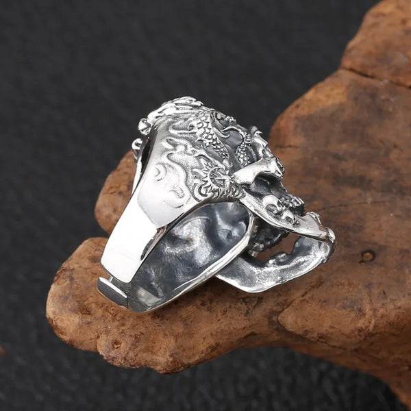 Gothic Metal Skull Head Ring with Dragons for Men Women Open and Adjustable