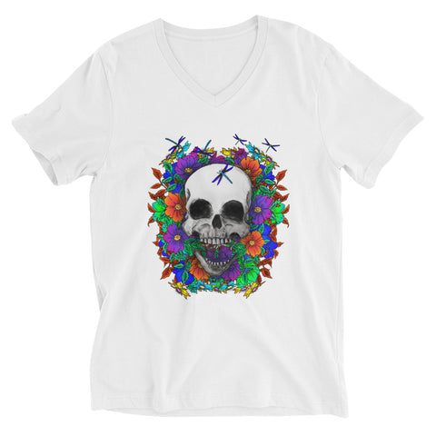 Ladies Skull Dragonfly Short Sleeve V-Neck T-Shirt