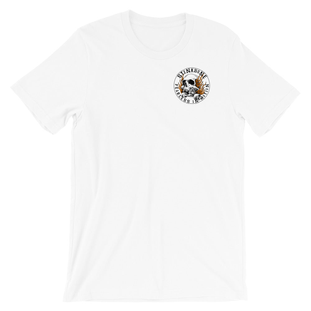 StinkBone Flaming Wheel Short-Sleeve Unisex T-Shirt Black Lettering