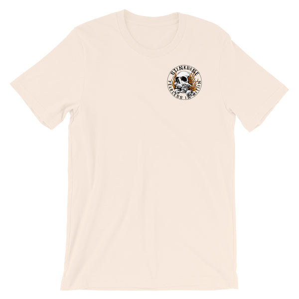 StinkBone Flaming Wheel Short-Sleeve Unisex T-Shirt Black Lettering