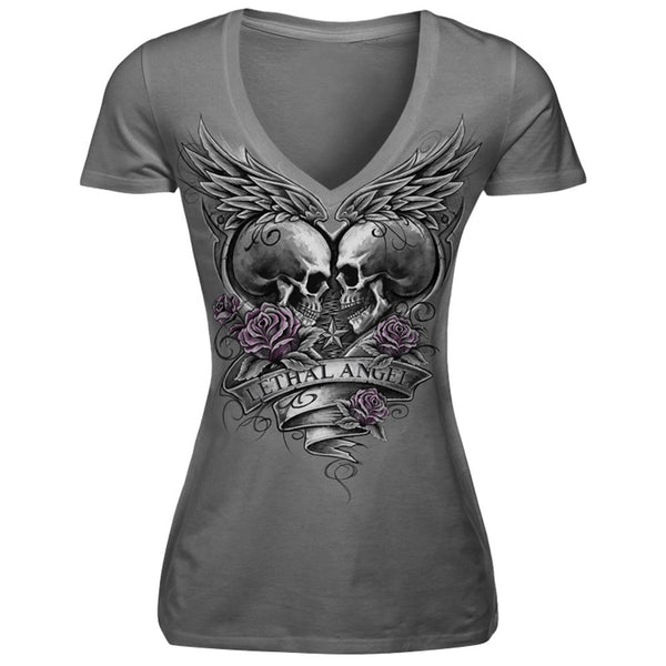 Womens V-Neck  Short Sleeve Skull T-Shirt