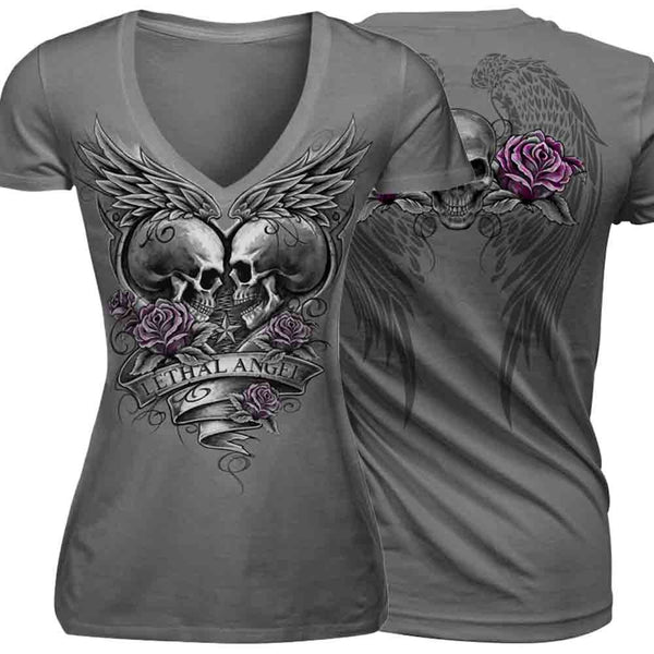 Womens V-Neck  Short Sleeve Skull T-Shirt