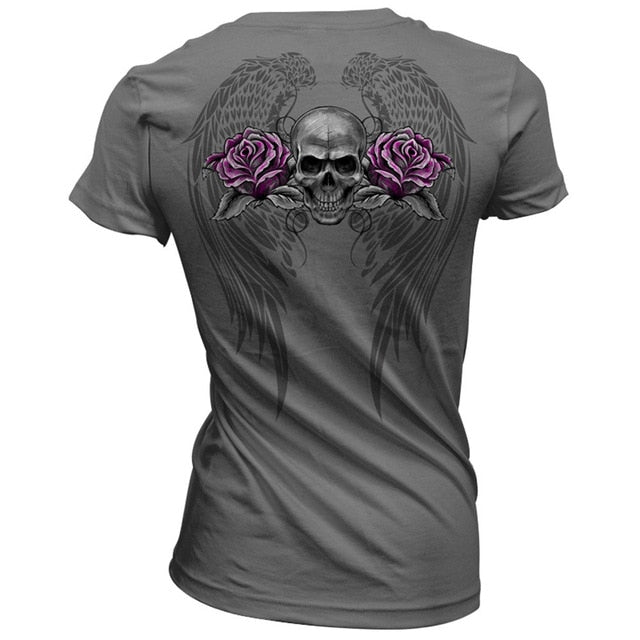 Womens V-Neck  Short Sleeve Skull T-Shirt