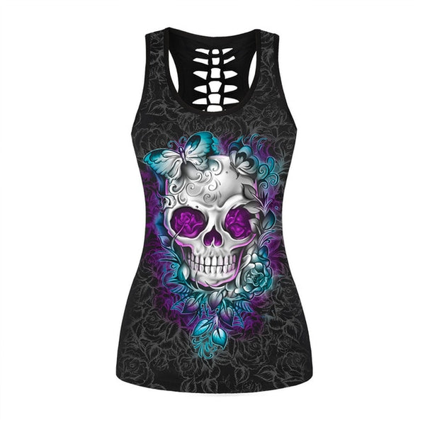 Rose Skull Print Design Hollow Out  Back Tops S To 4XL