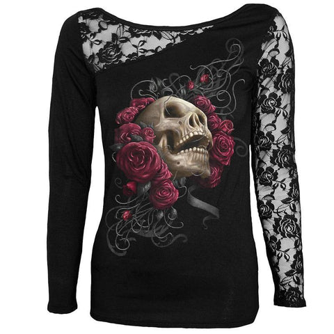 Long Sleeve Lace Skull Cotton Top M-5XL