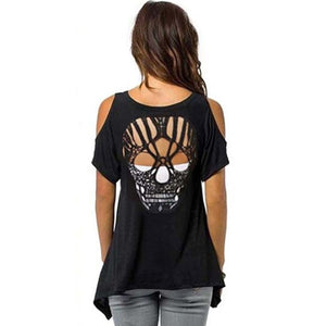 Womens Cold Shoulder Short Sleeve T-Shirt Cut Hollow Skull Backless Casual