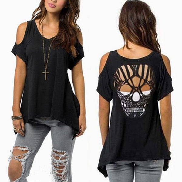 Womens Cold Shoulder Short Sleeve T-Shirt Cut Hollow Skull Backless Casual