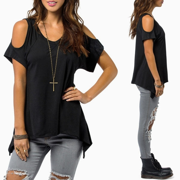 Womens Cold Shoulder Short Sleeve T-Shirt Cut Hollow Skull Backless Casual