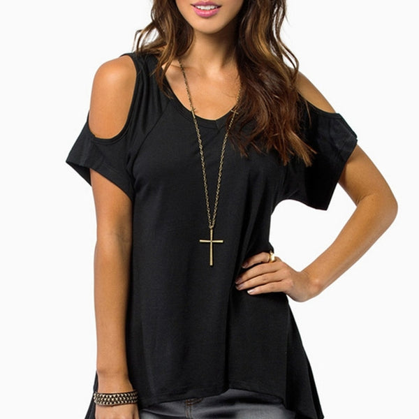 Womens Cold Shoulder Short Sleeve T-Shirt Cut Hollow Skull Backless Casual