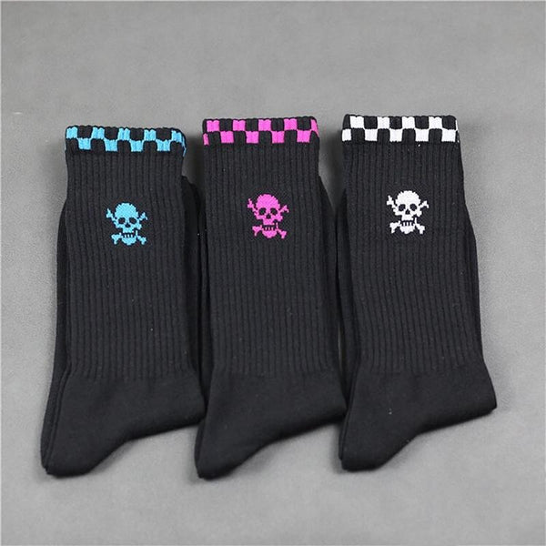 Skull/Checkerboard Print Cotton Crew Socks